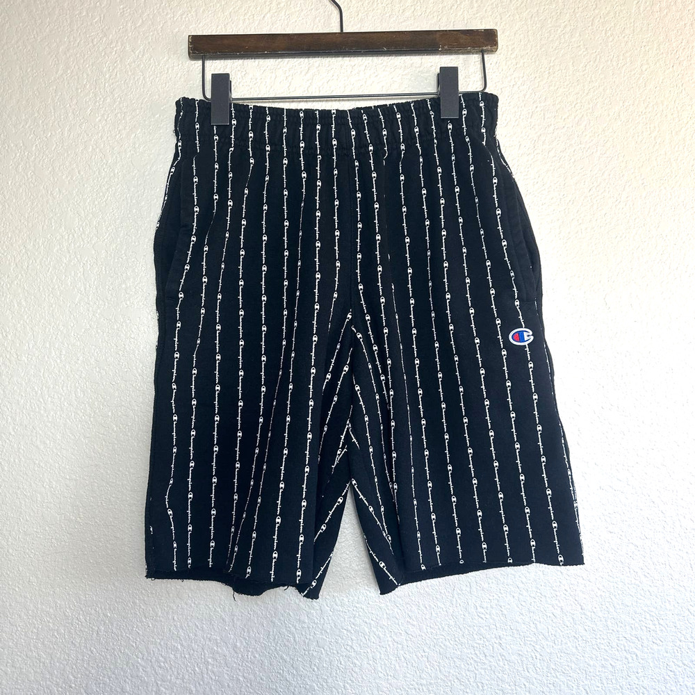 Champion Black Shorts White Logo Sweatpants Shorts Raw Hem Size Medium